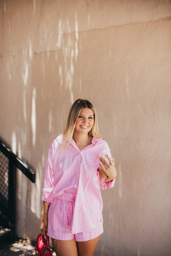 Leon Oversize Button Up Top - Pink Stripe