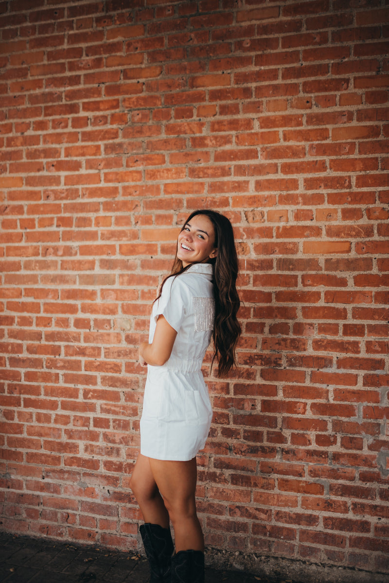 Rhinestone Cowgirl Romper - White