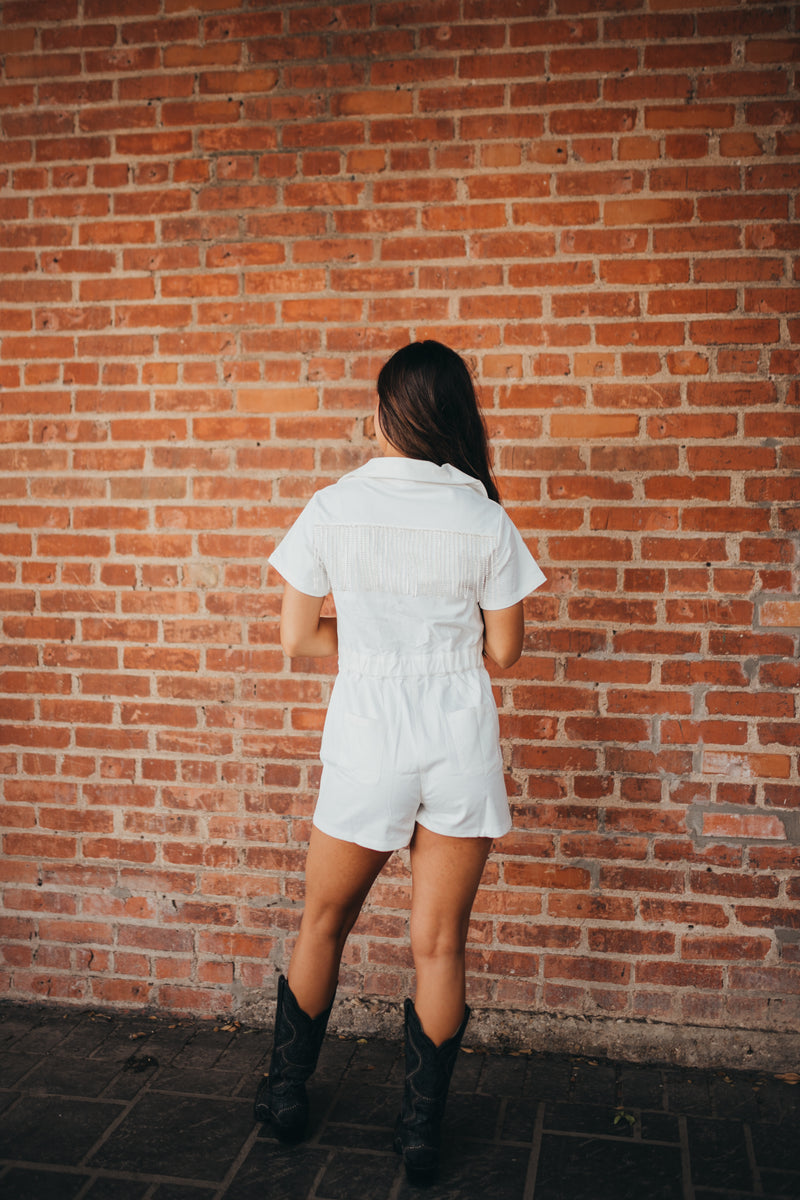 Rhinestone Cowgirl Romper - White